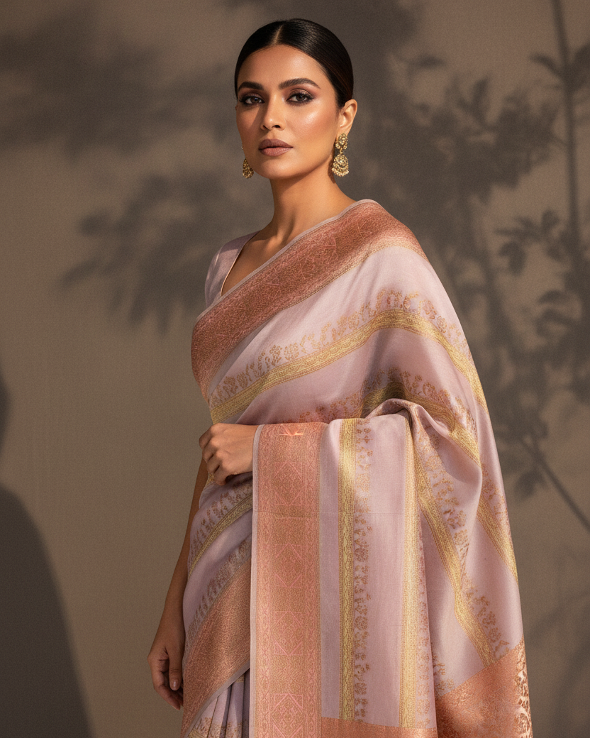 Mauve Hand Brush Dye Antique Copper Zari Horizontal Stripe Spun Silk Banarasi Editorial