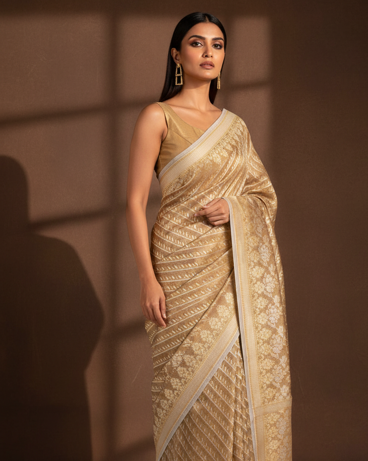 Metallic Antique Gold Zari Resham Diagonal Paisleys Cotton Tissue Banarasi Saree