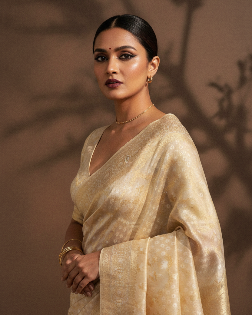 Metallic Beige Jangla Art Cotton Tissue Banarasi Saree — Editorial