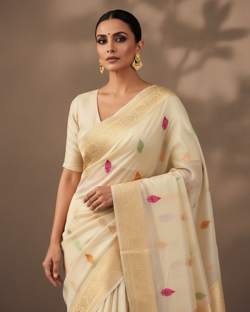 Metallic Cream Resham Buta Kora Tissue — Editorial