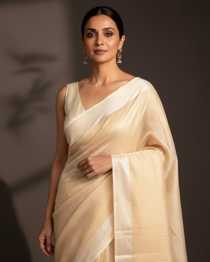 Metallic Gold Stripes Dupion Silk Satin Border Saree Editorial