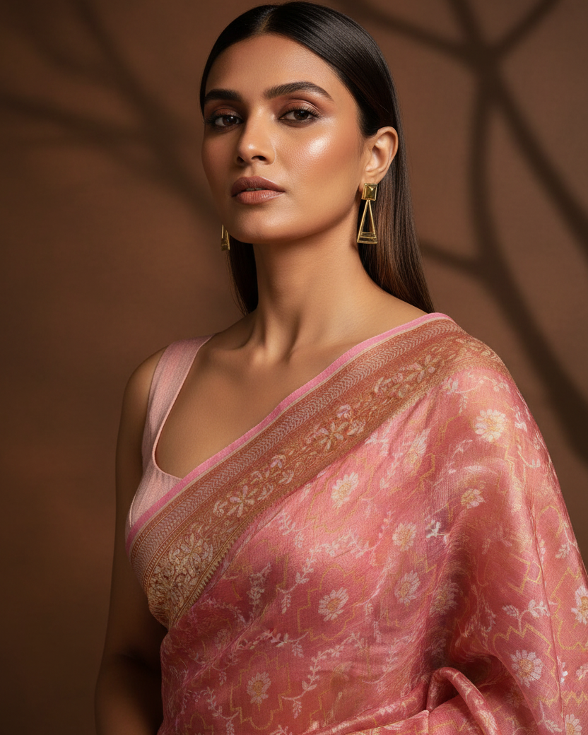 Metallic Pink Zari Resham Jangla Cotton Tissue Banarasi Saree - Head to Waist Editorial