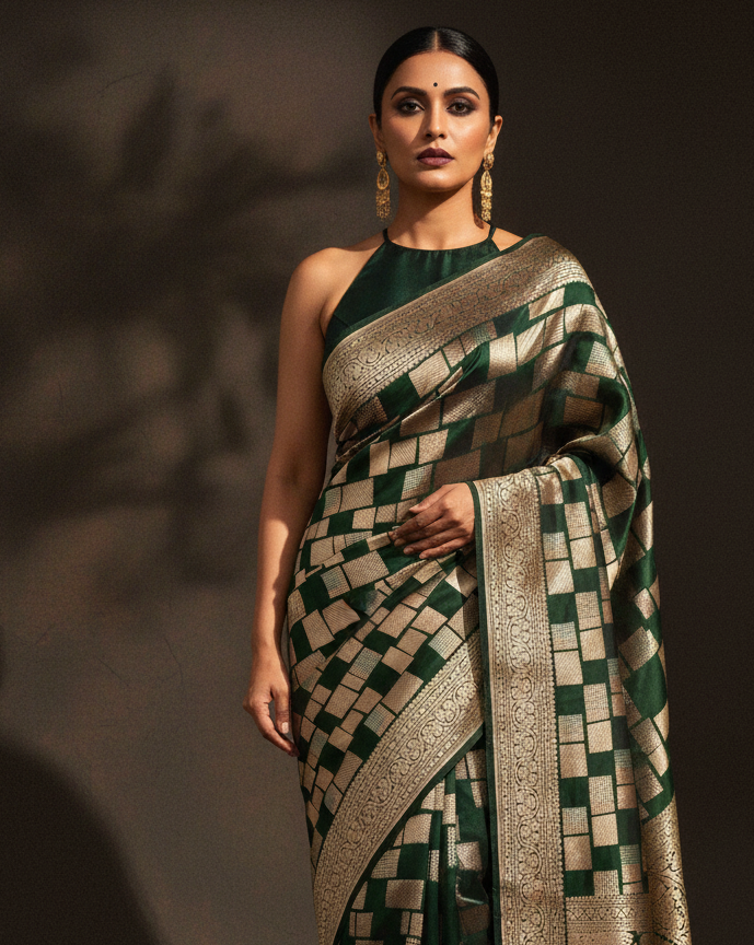 Midnight Green Random Blocks Cutwork Katan Silk — Editorial