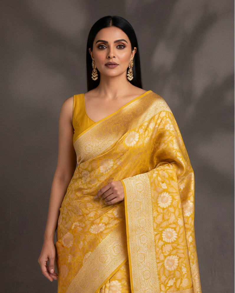 Mustard Yellow Lotus Jaal Katan Silk — Image-Led