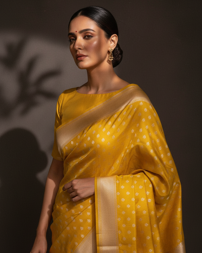 Mustard Yellow Silver Zari Buti Katan Silk — Editorial