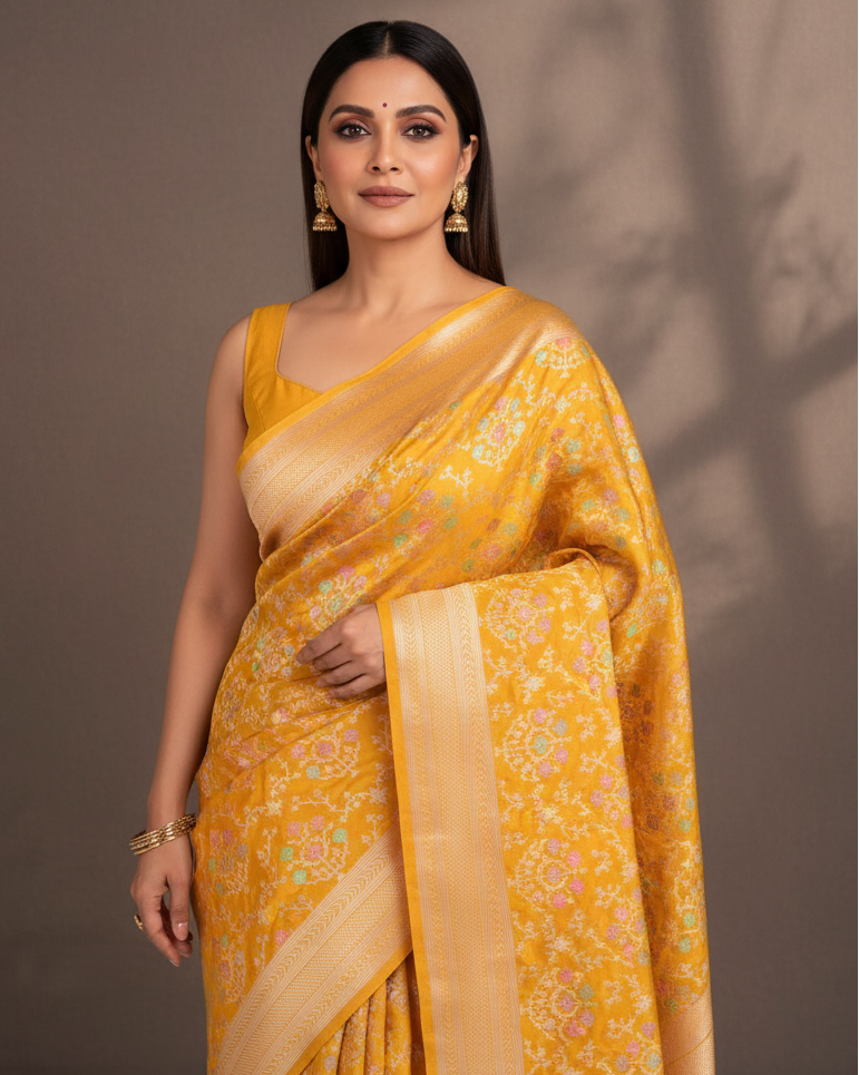 Mustard Yellow Tehra Floral Jaal Cutwork Katan Silk Banarasi Saree