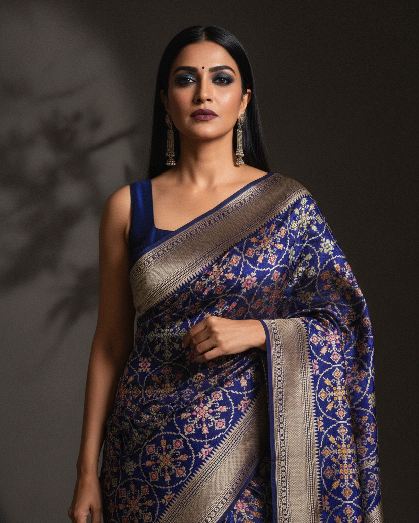 Navy Blue Tehra Patola Katan Silk Banarasi — Luxury Editorial