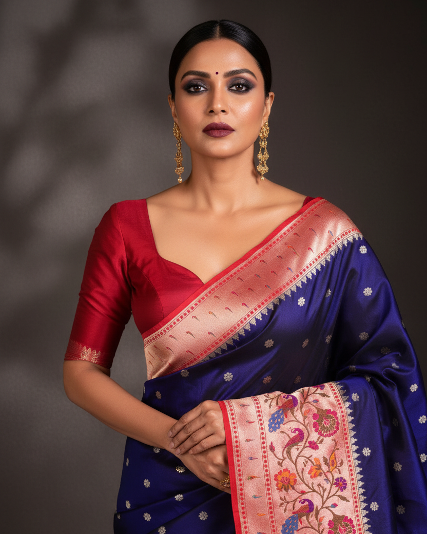 Navy Mayur Paithani Katan Silk — Majestic Editorial