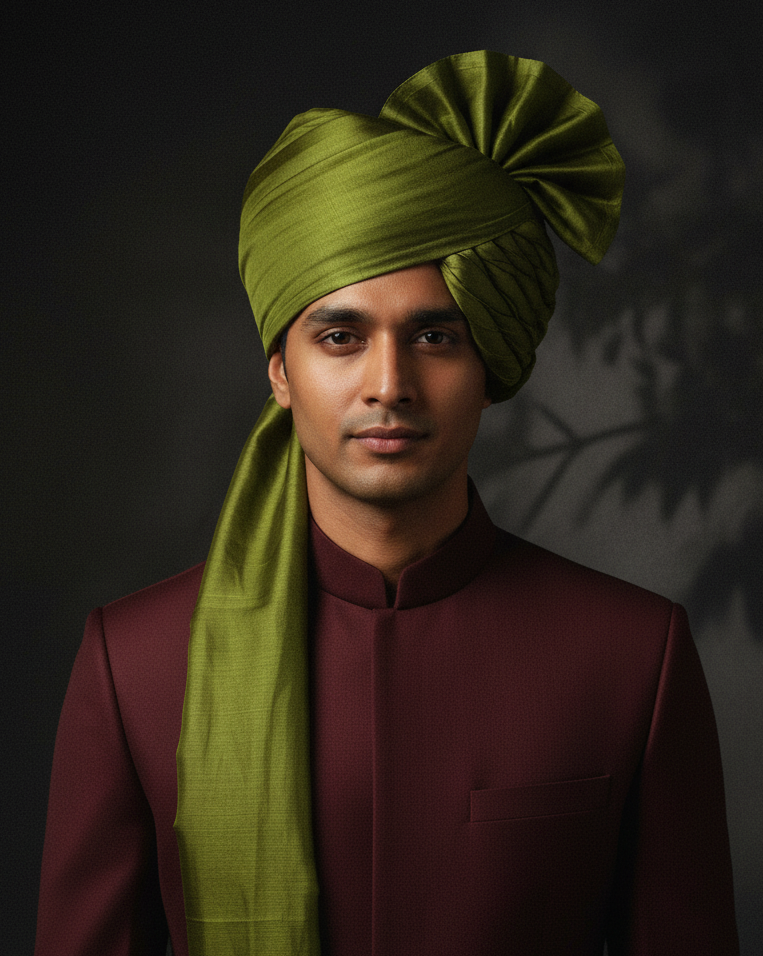 Olive Green Katan Silk Safa - Collapsed Natural Fan