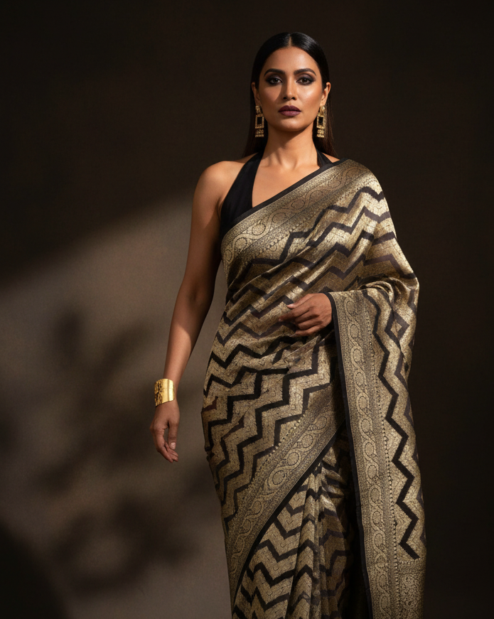 Ombre Gray Gold Chevron Khaddi Georgette — Editorial
