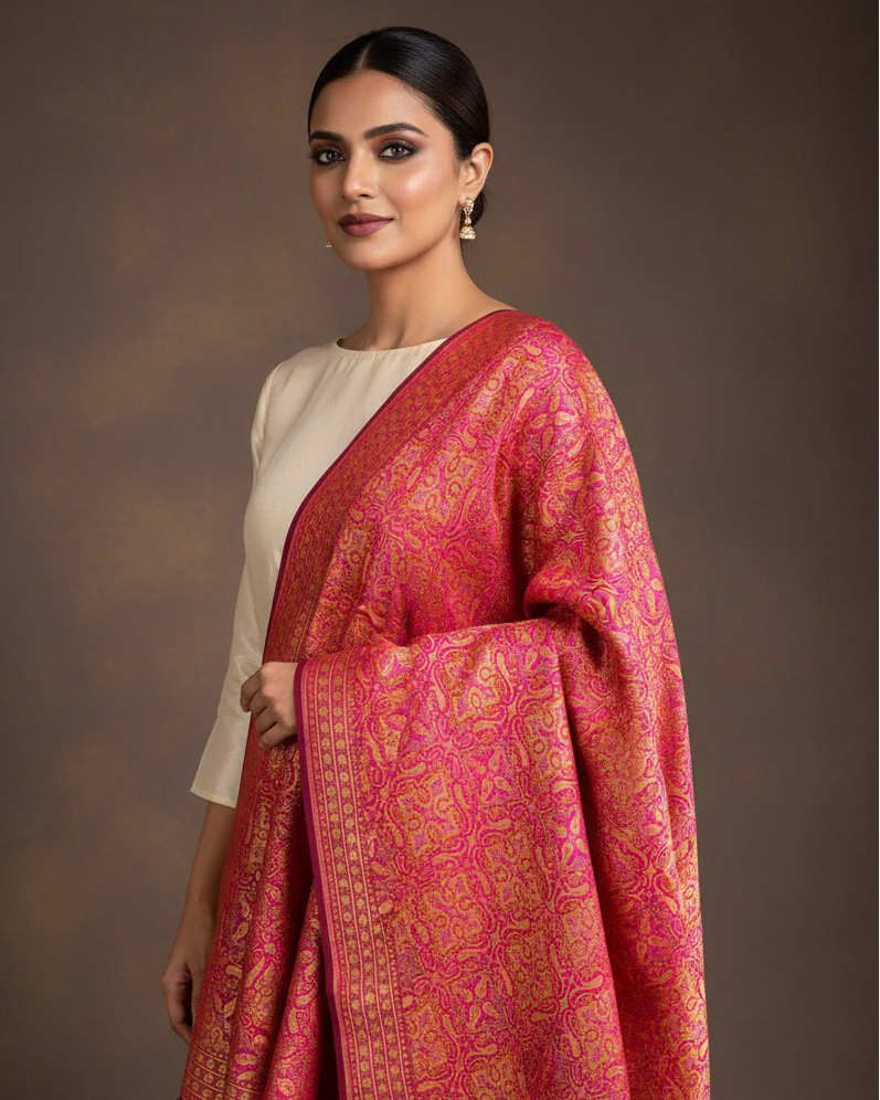 One-Side Throw — Pink Yellow Jamawar
