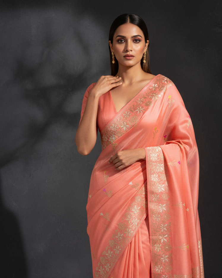 Peach Banarasi Sona Rupa Tuberose Floral Buta Katan Silk Saree — Editorial