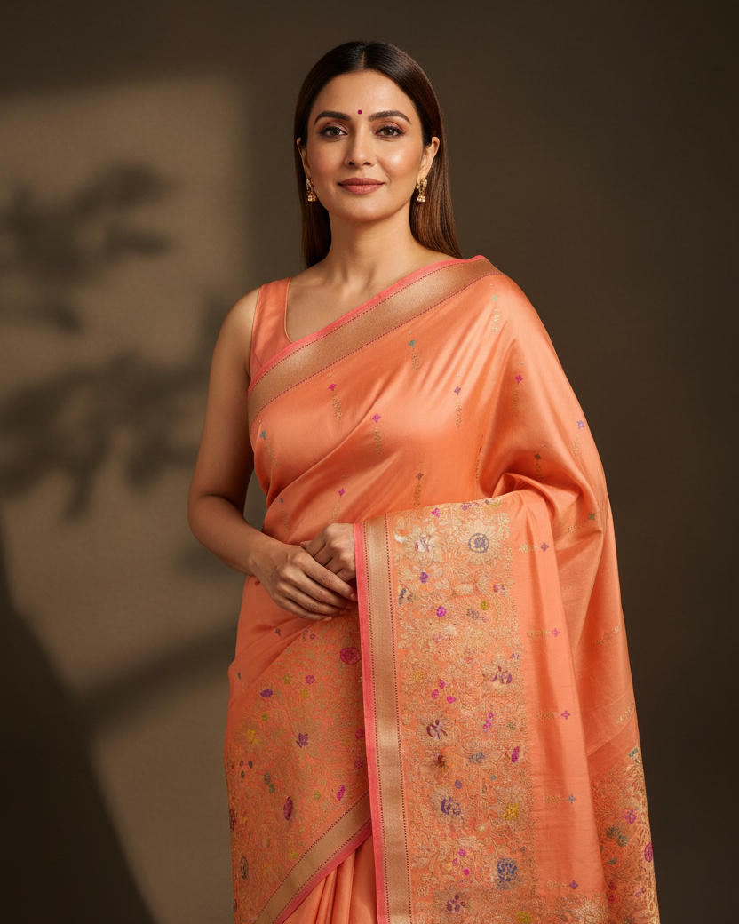 Peach Katan Silk Vertical Column Butis — Editorial