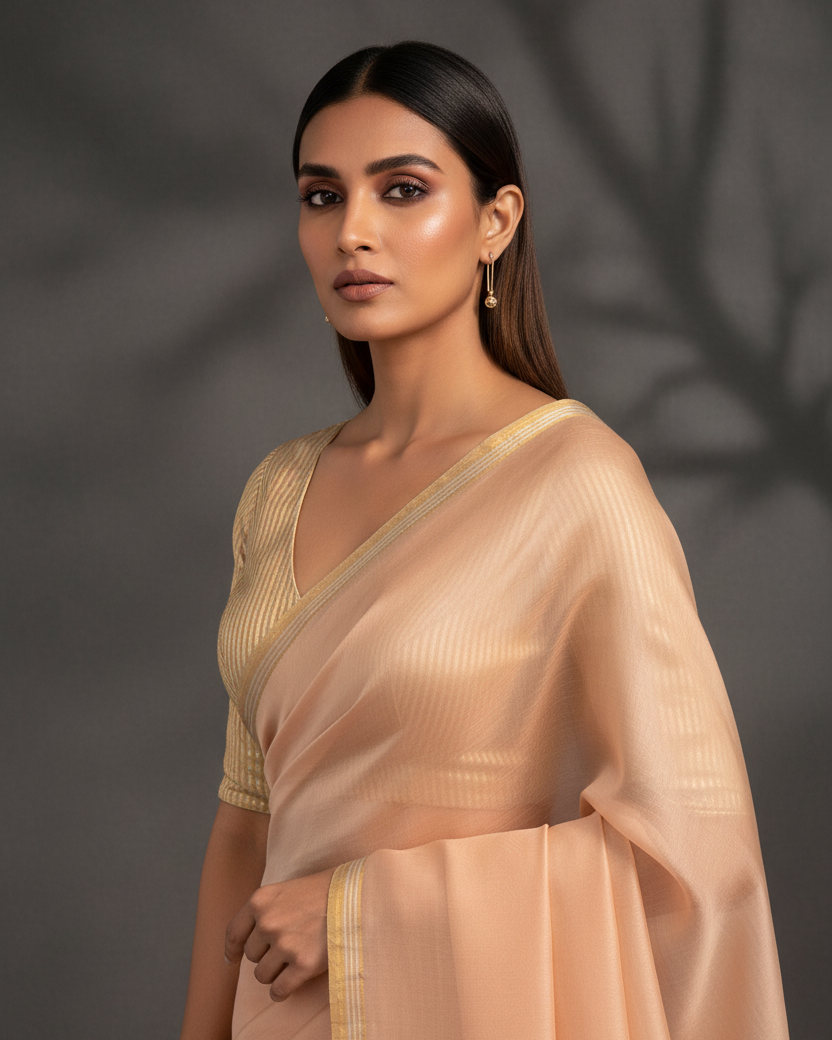 Peach Watermark Tanchoi Kora Silk Zari Blouse Editorial v2