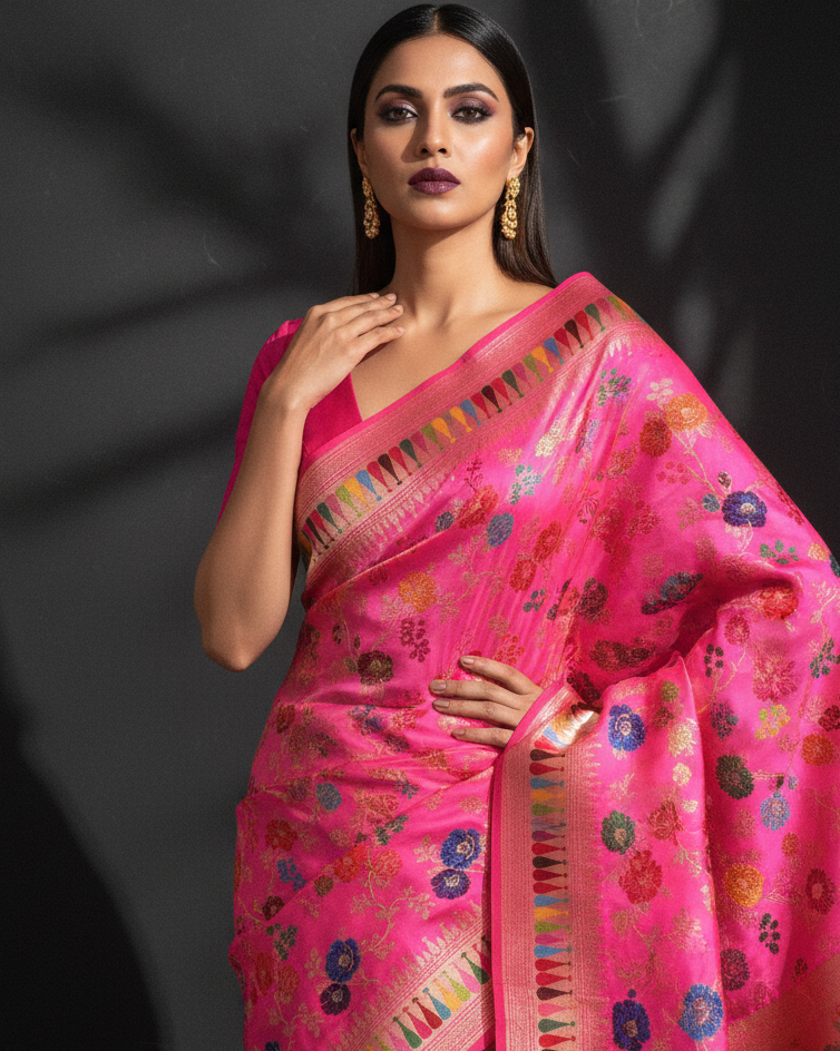 Pink Banarasi Hues of Nature Kadhuan Katan Silk Saree — Editorial