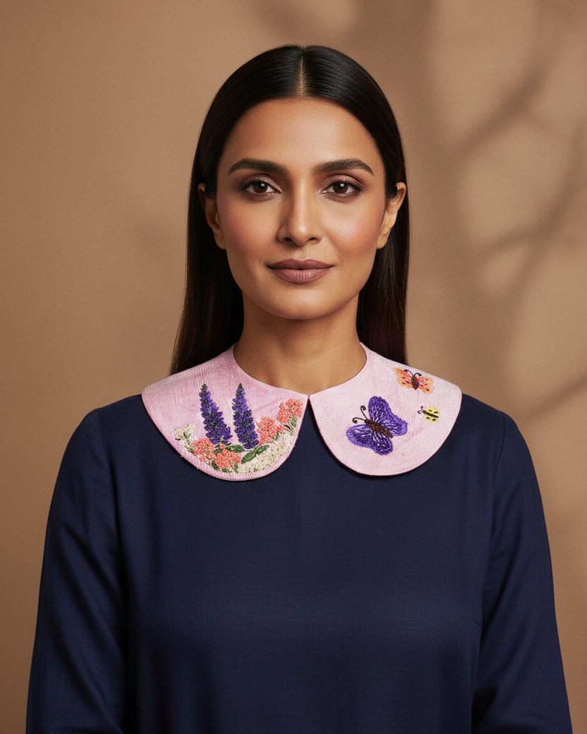 Pink Floral Hand-embroidered Raw Silk Detachable Peter Pan Collar Pink Floral Hand-embroidered Raw Silk Detachable Peter Pan Collar