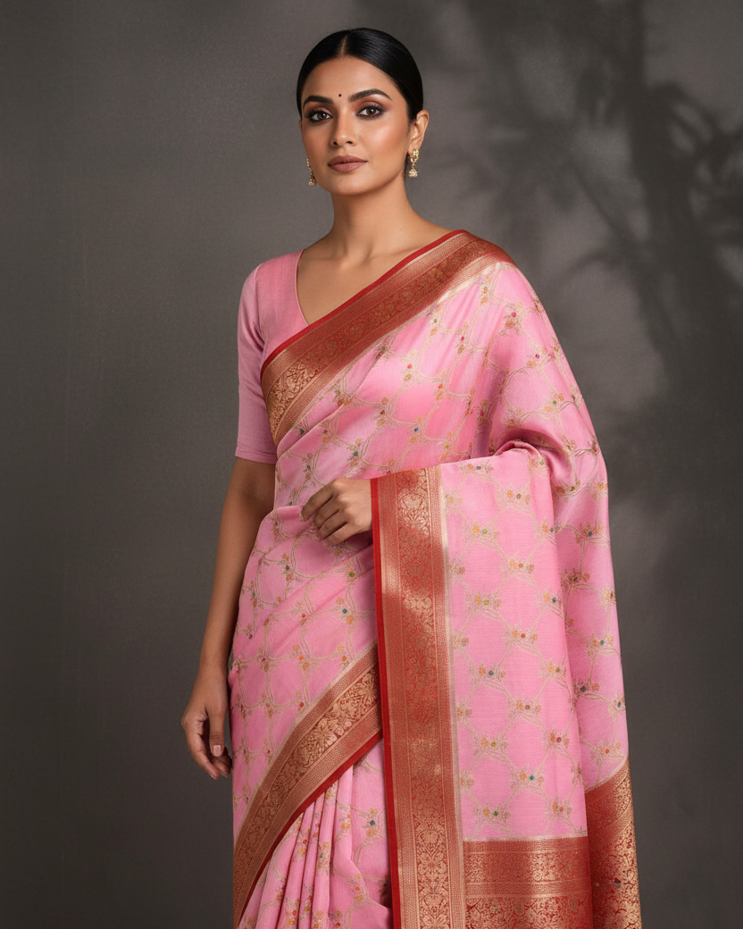 Pink Meenakari Jaal Saree - Image 1