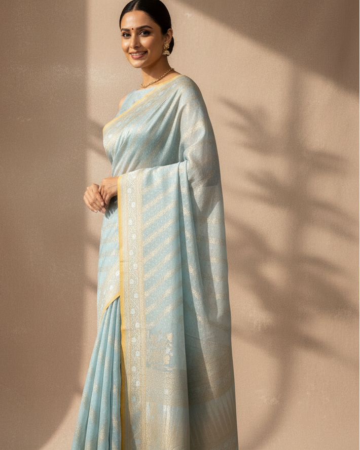 Powder Blue Cotton Banarasi Saree - Three-Quarter Angle