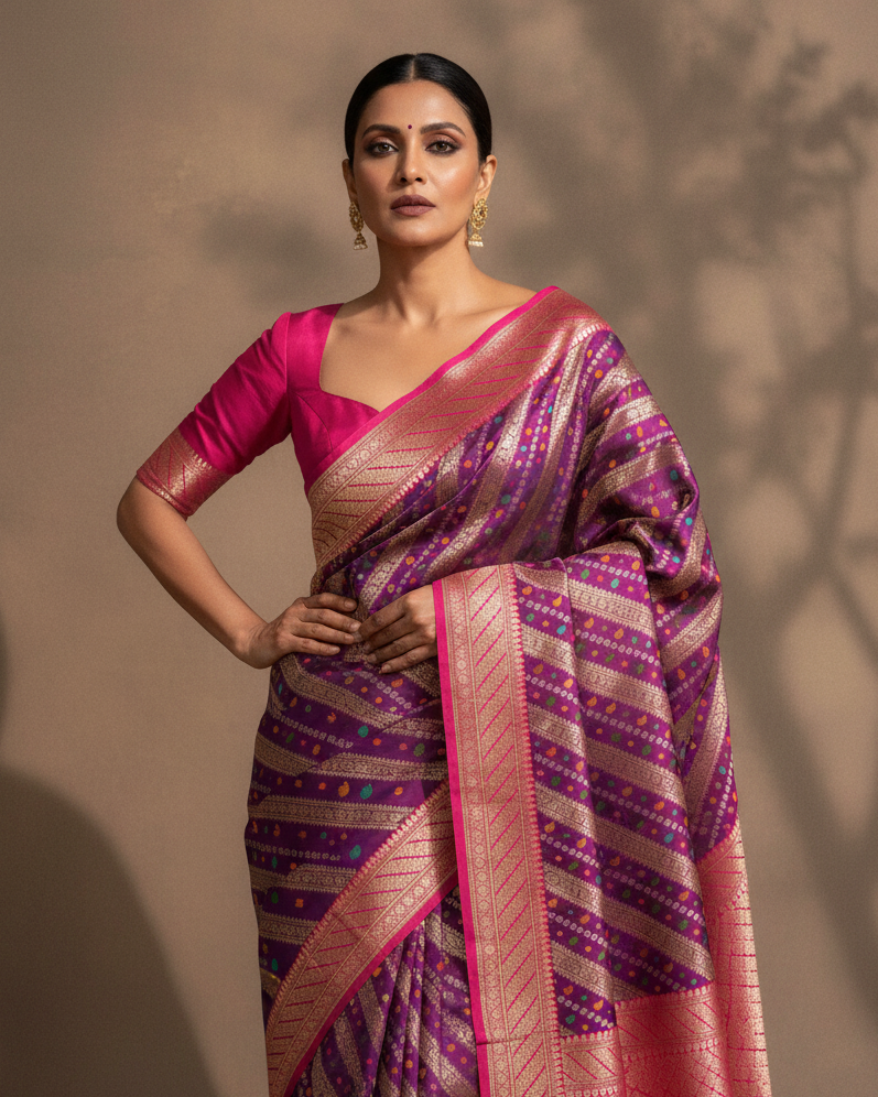 Purple Gold Silver Resham Diagonal Stripes Katan Silk Banarasi Saree