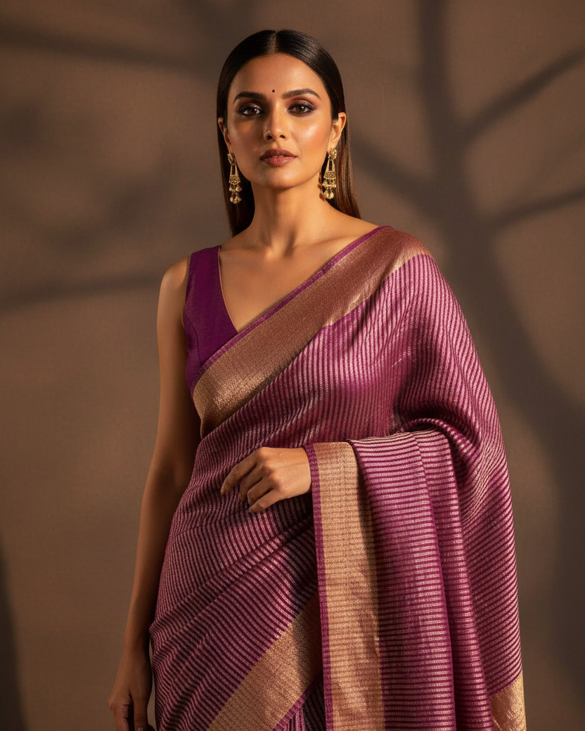 Purple Gold Zari Diagonal Stripes Muga Silk Banarasi Saree Editorial