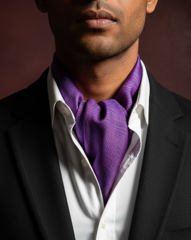 Purple Waterfall Ascot - Black Linen Blazer, Oxblood Background
