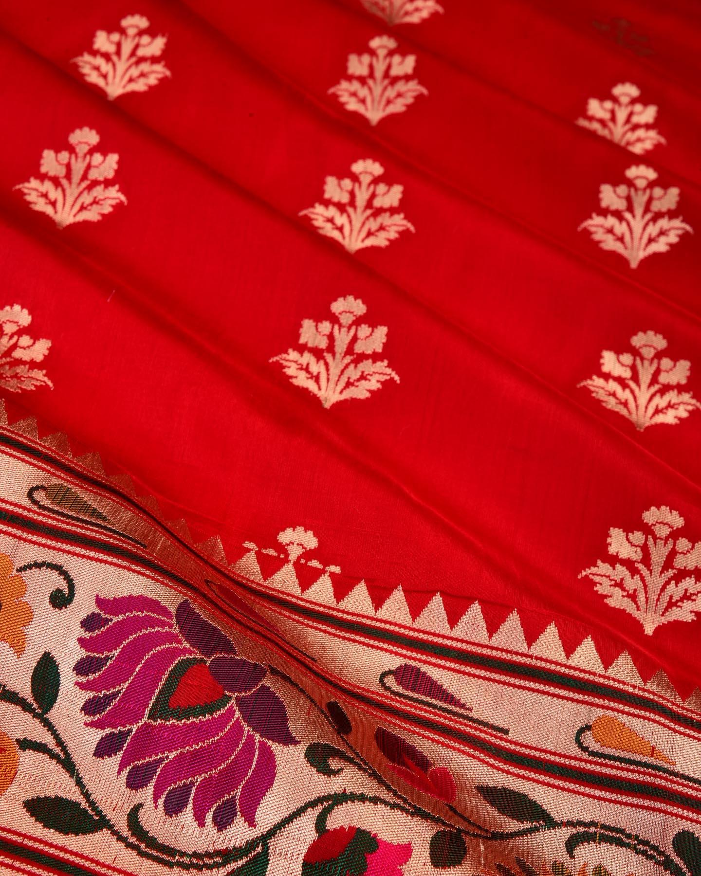 Red Banarasi Paithani Brocade Handwoven Katan Silk Saree - By HolyWeaves, Benares