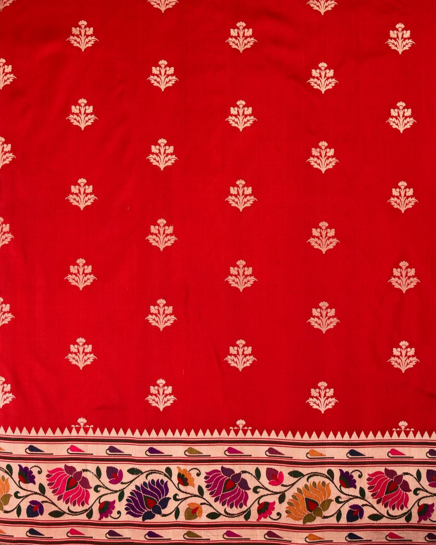 Red Banarasi Paithani Brocade Handwoven Katan Silk Saree - By HolyWeaves, Benares