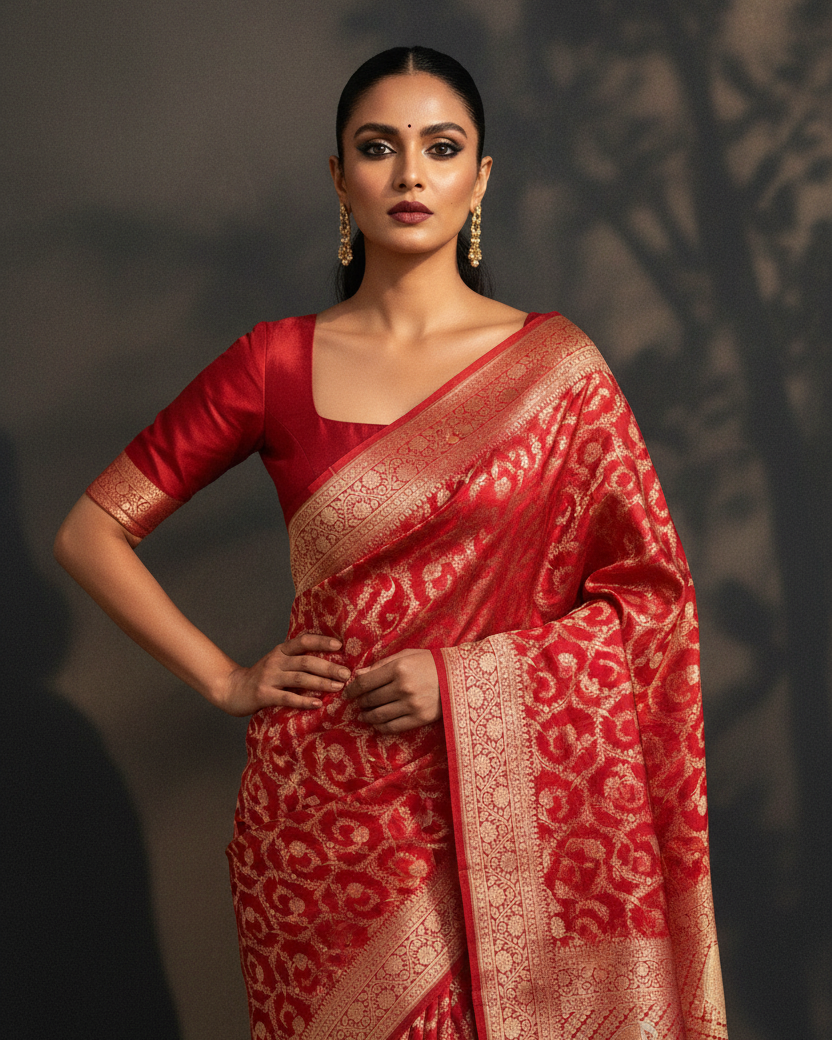 Red Floral Jaal Katan Silk – Editorial