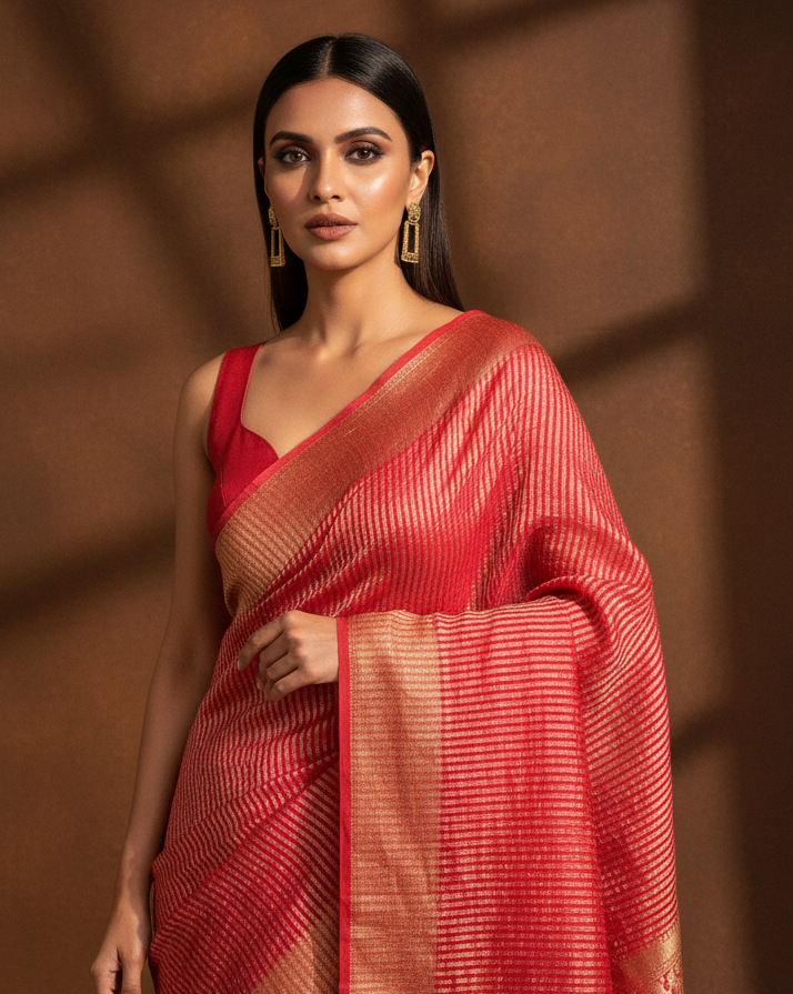 Red Gold Zari Stripes Muga Silk Banarasi Saree Editorial