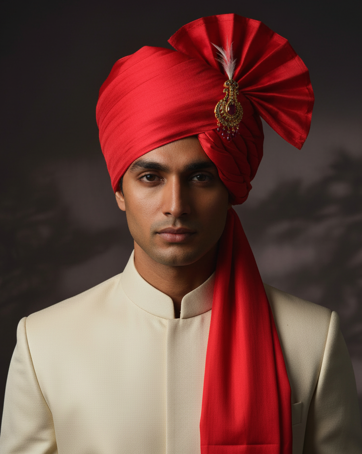 Red Katan Silk Safa - With Kalgi, Soft Drooping Fan