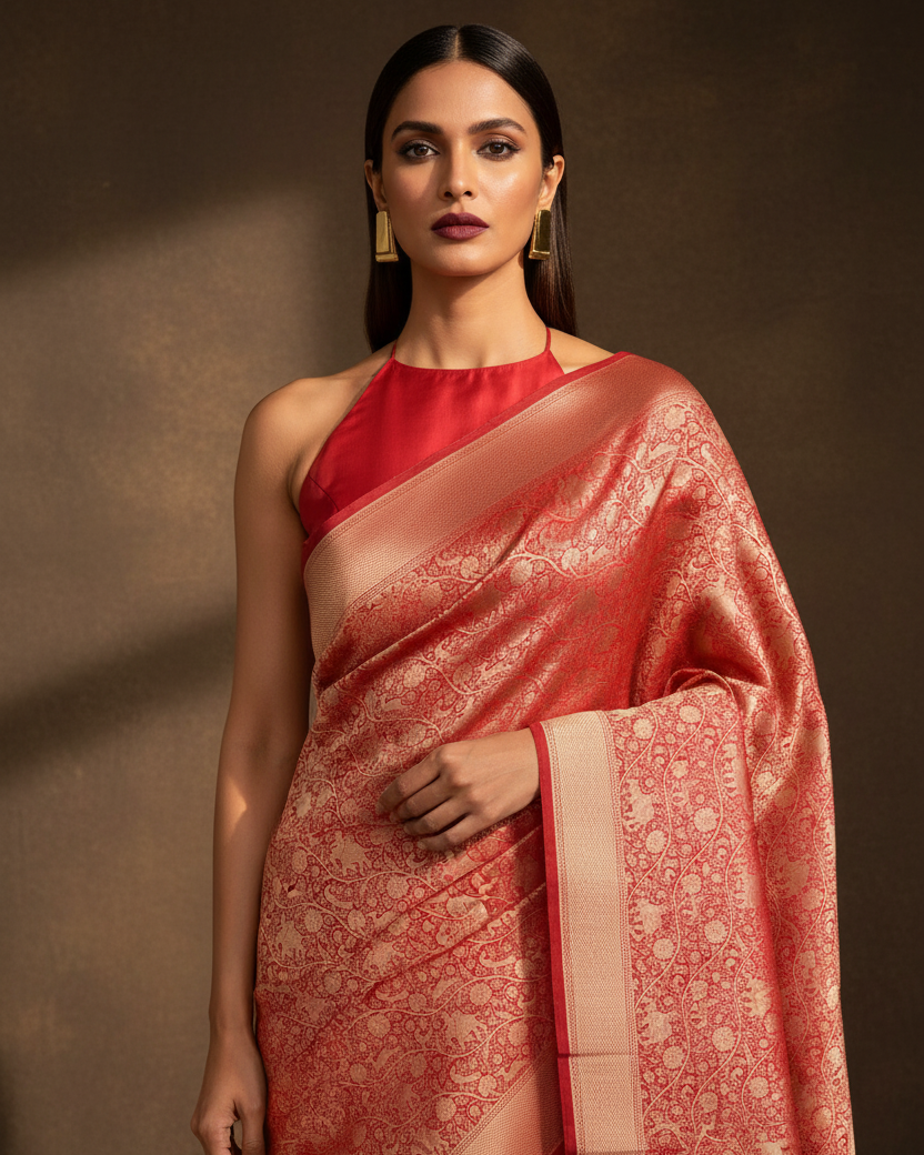 Red Shikargah Katan Silk — Editorial — Halter Neck