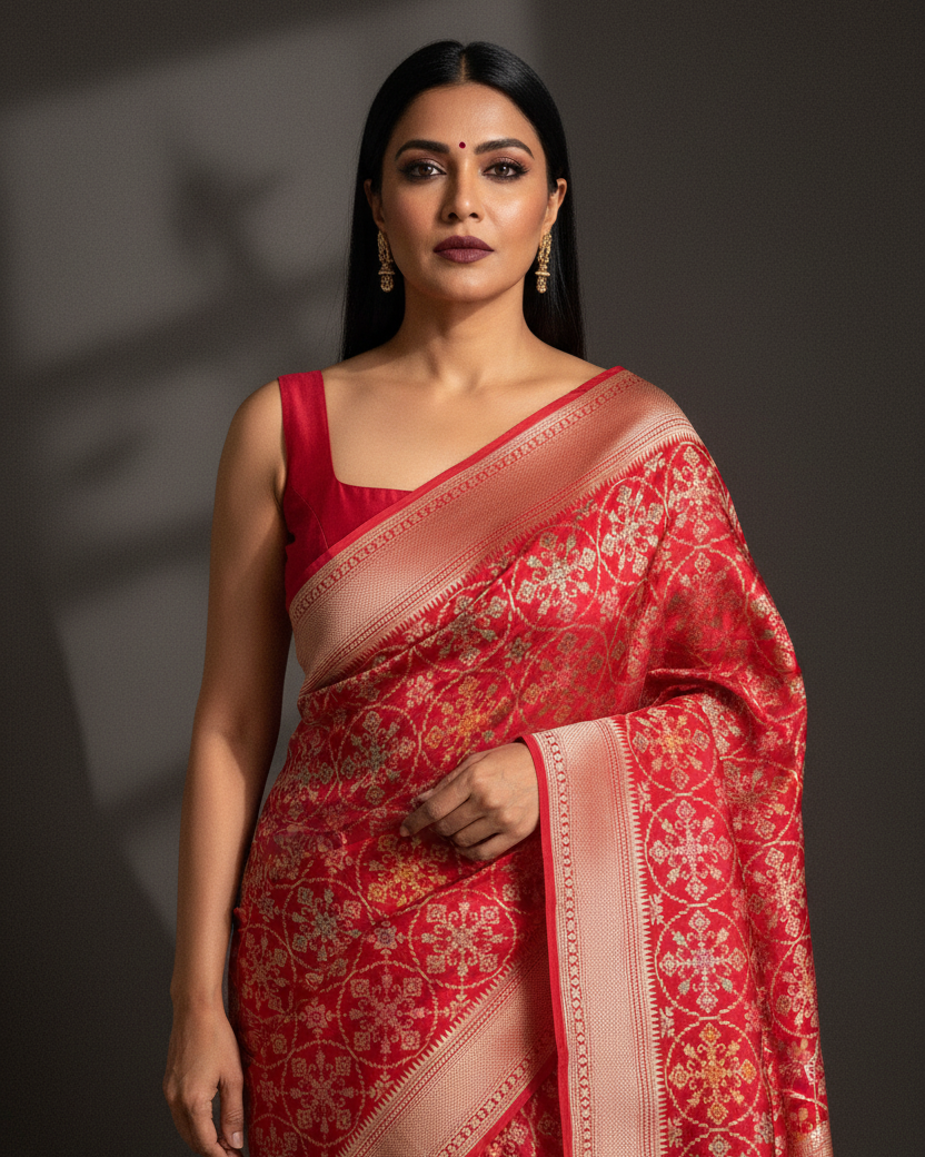 Red Tehra Patola Katan Silk Banarasi — Luxury Editorial