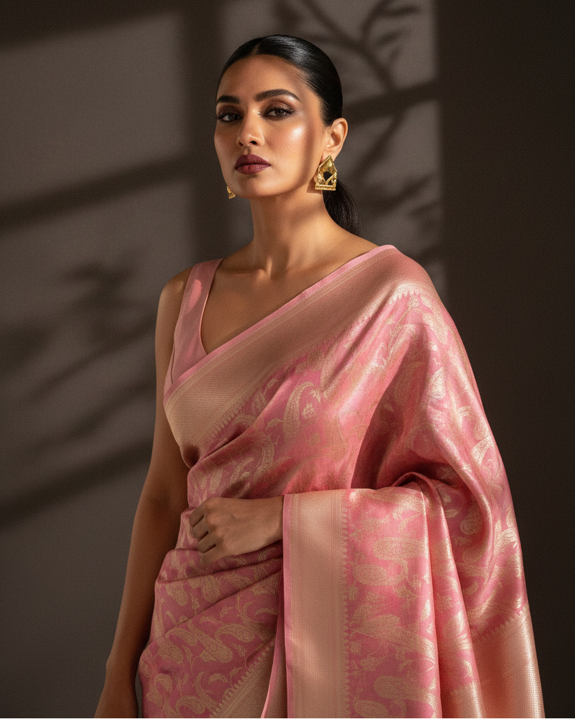 Rose Pink Gold Zari Paisley Jaal Katan Silk — Editorial