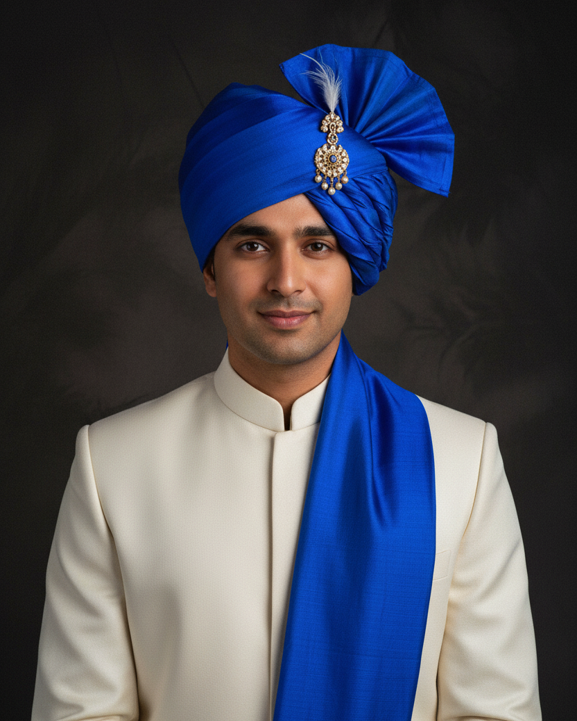Royal Blue Safa - Ivory Sherwani with Kalgi