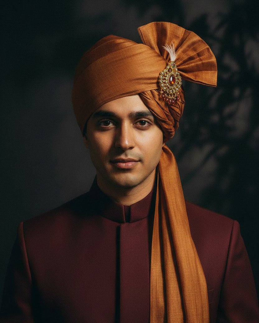 Russet Brown Katan Silk Safa - With Kalgi