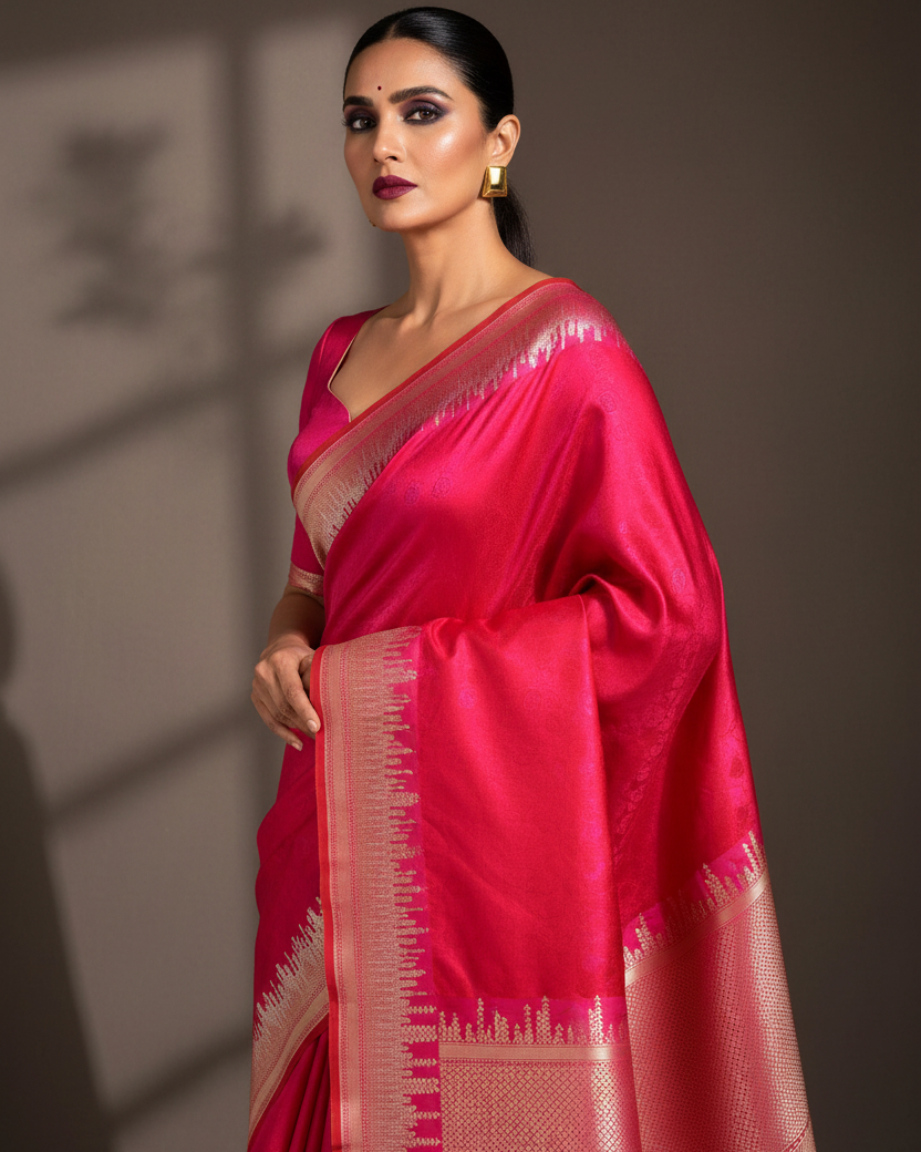 Shot Red-Pink Katan Silk Flame Border Lifestyle