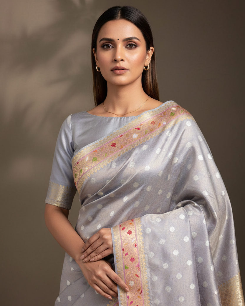 Silver Gray Banarasi — Boat Neck Enhanced Zari