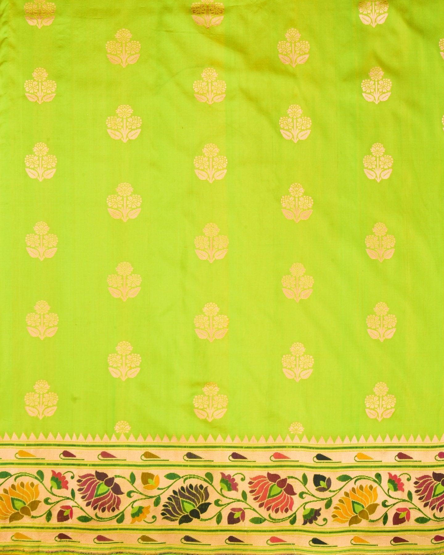 Sunny Green Banarasi Paithani Brocade Handwoven Katan Silk Saree - By HolyWeaves, Benares