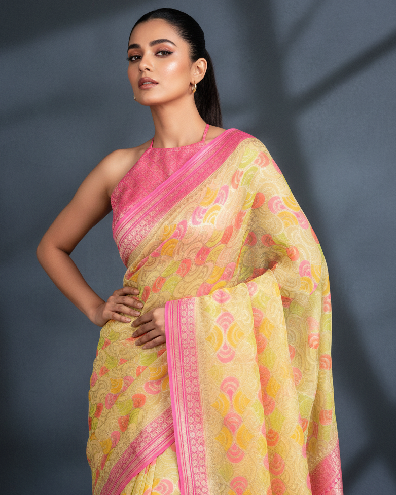 Yellow Gold Zari Labyrinth Hand Brush Dye Khaddi Georgette Banarasi Saree