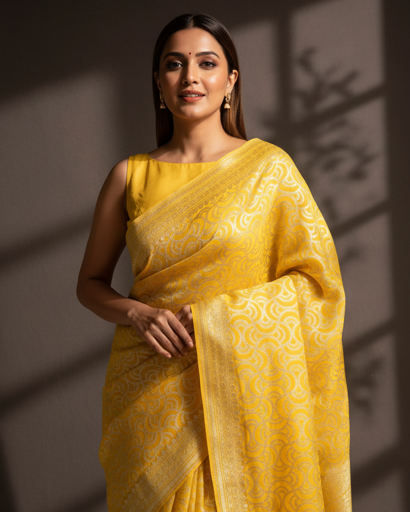 Yellow Gold Zari Labyrinth Khaddi Georgette — Editorial