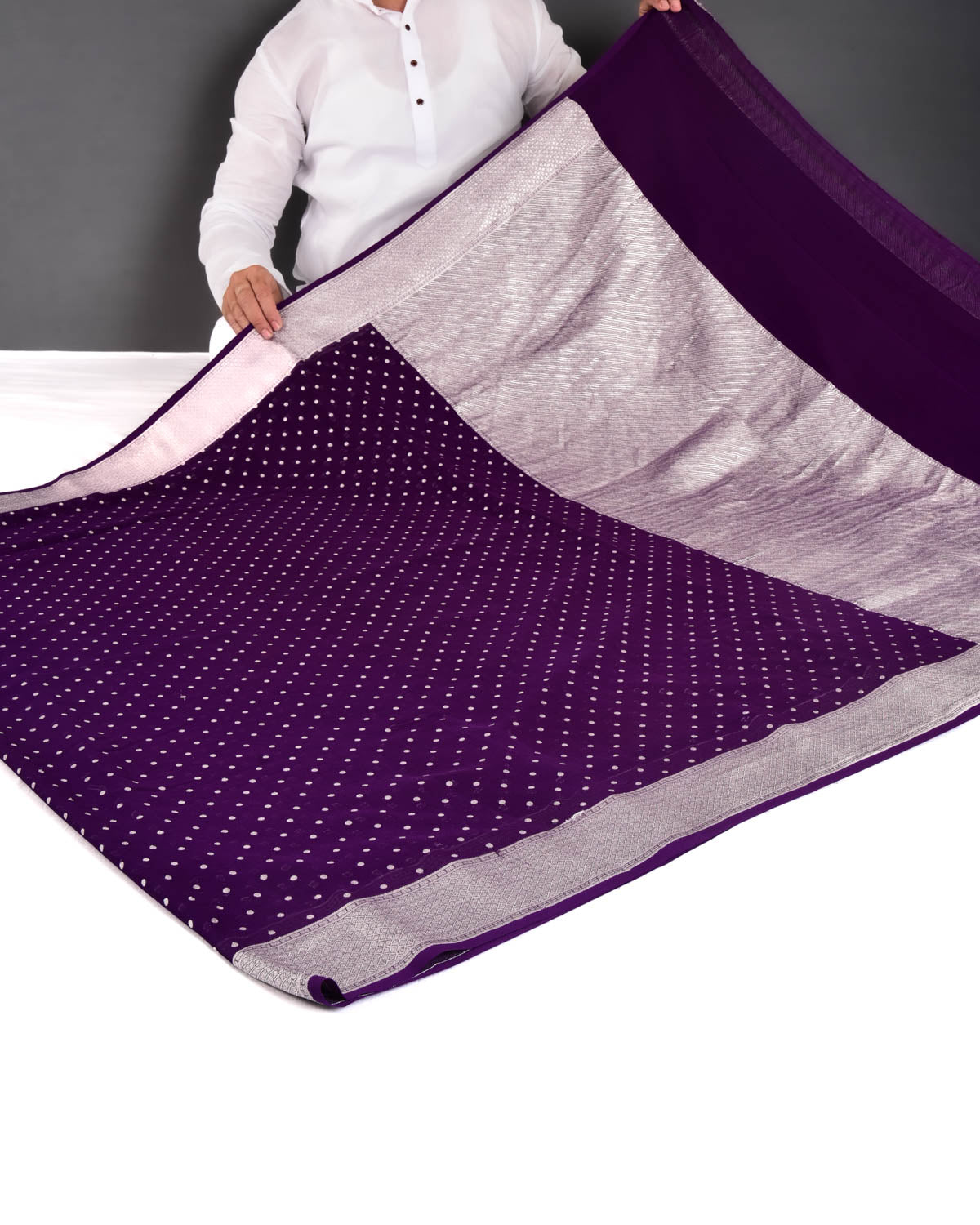 Purple Banarasi Silver Zari Polka Buti Cutwork Brocade Handwoven Khaddi Georgette Saree - By HolyWeaves, Benares