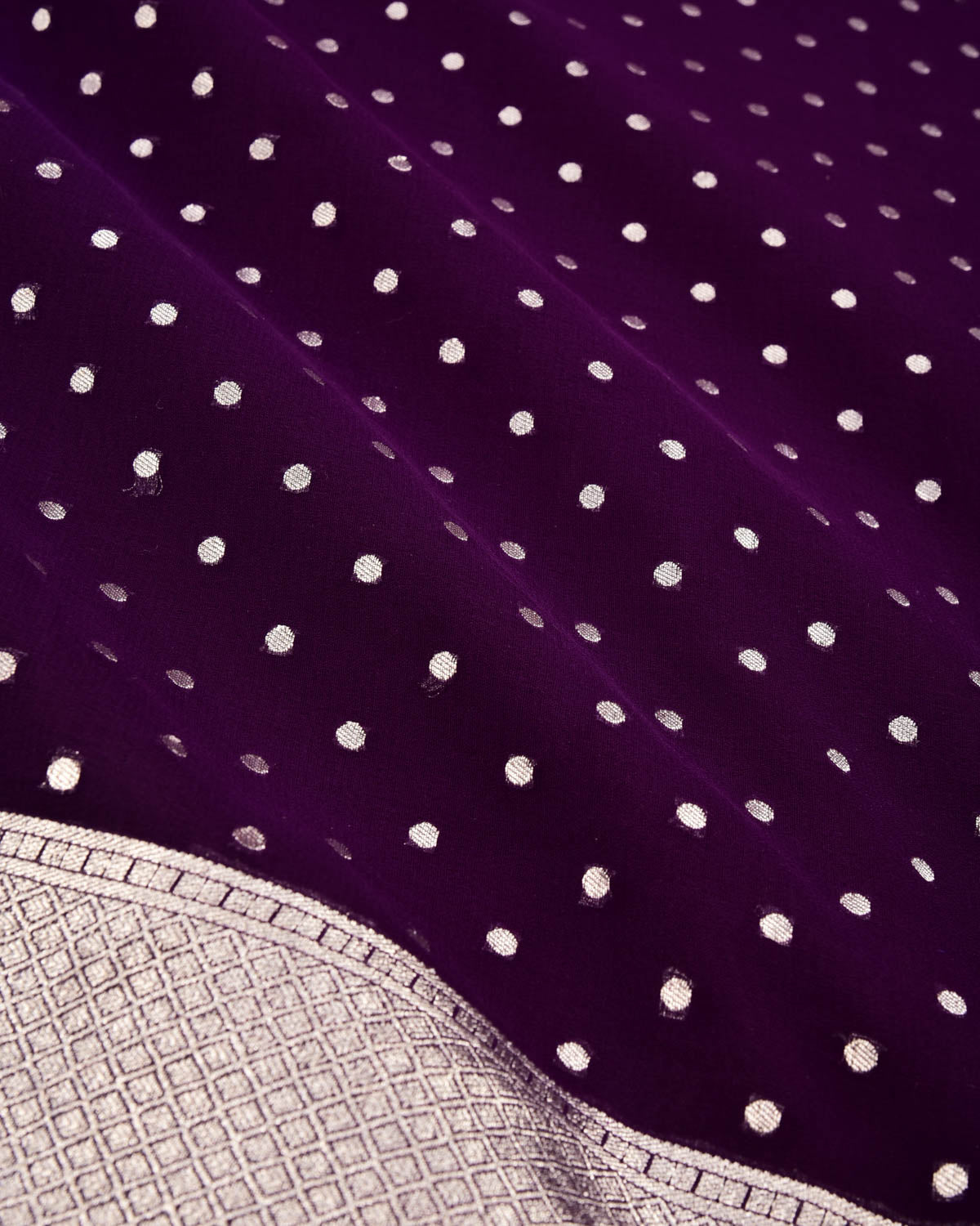 Purple Banarasi Silver Zari Polka Buti Cutwork Brocade Handwoven Khaddi Georgette Saree - By HolyWeaves, Benares