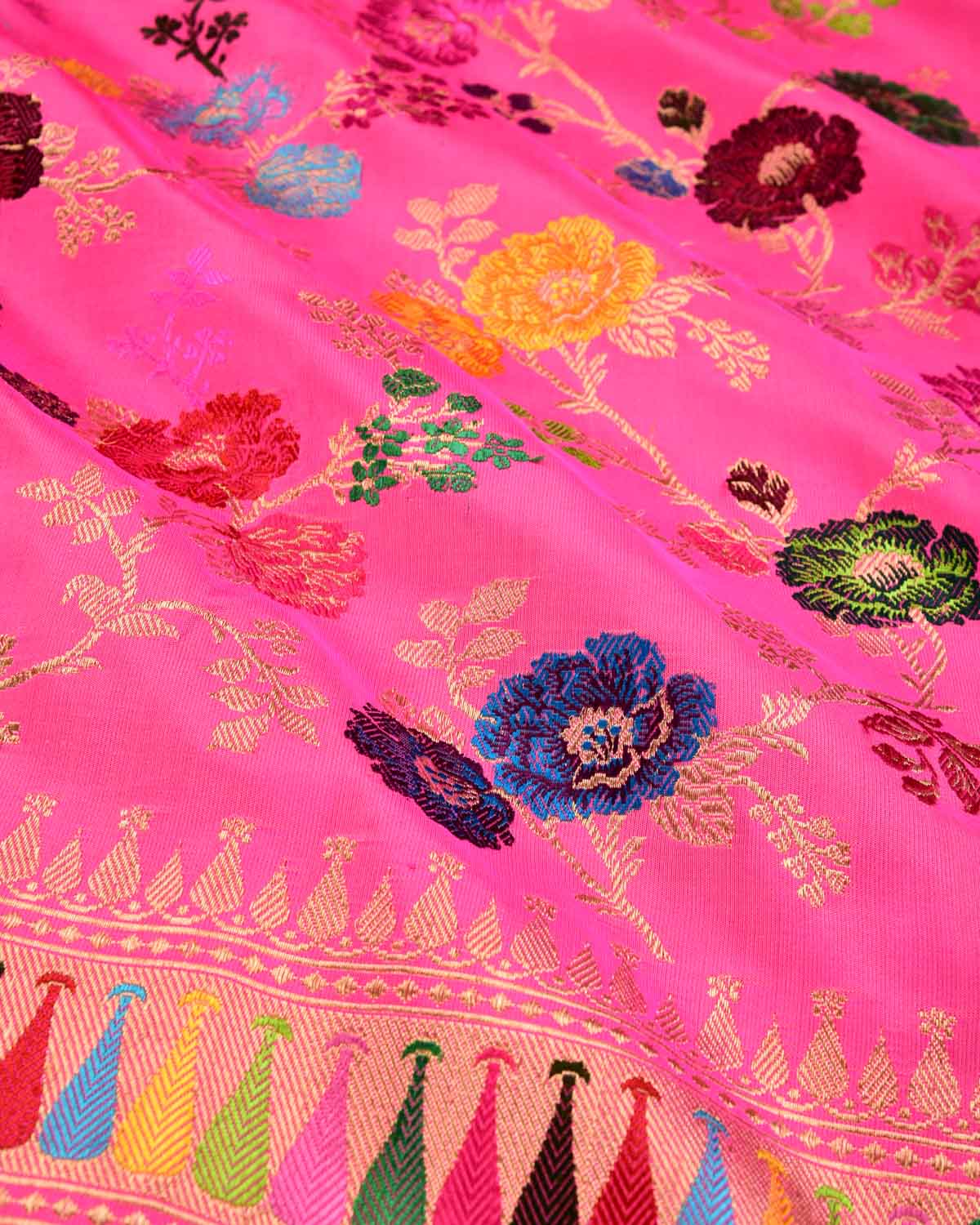 Pink Banarasi "Hues of Nature" Kadhuan Brocade Handwoven Katan Silk Saree - By HolyWeaves, Benares