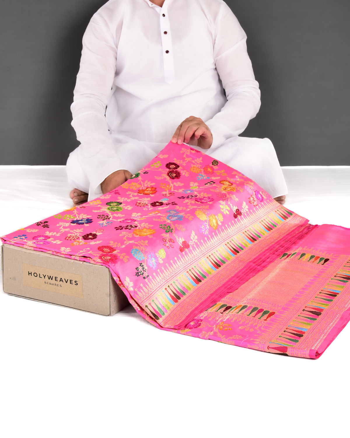 Pink Banarasi "Hues of Nature" Kadhuan Brocade Handwoven Katan Silk Saree - By HolyWeaves, Benares