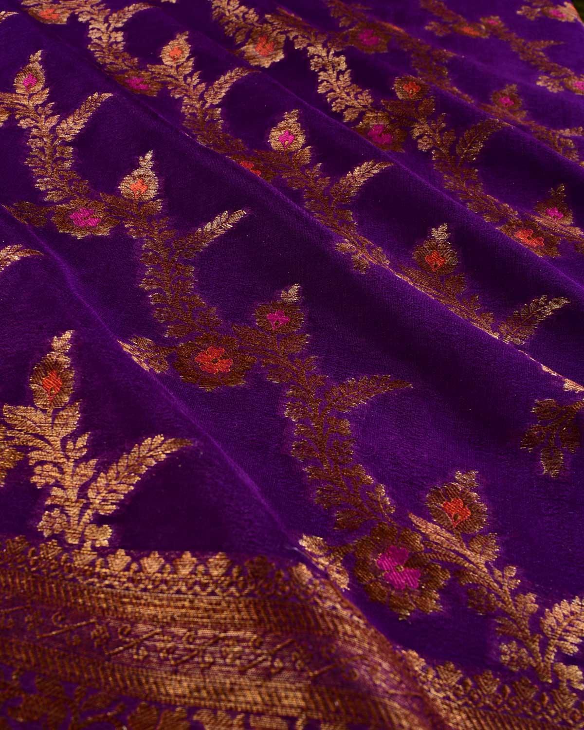 Purple Banarasi Lightweight Antique Zari Meenedaar Jaal Cutwork Brocade Woven Khaddi Georgette Saree - By HolyWeaves, Benares
