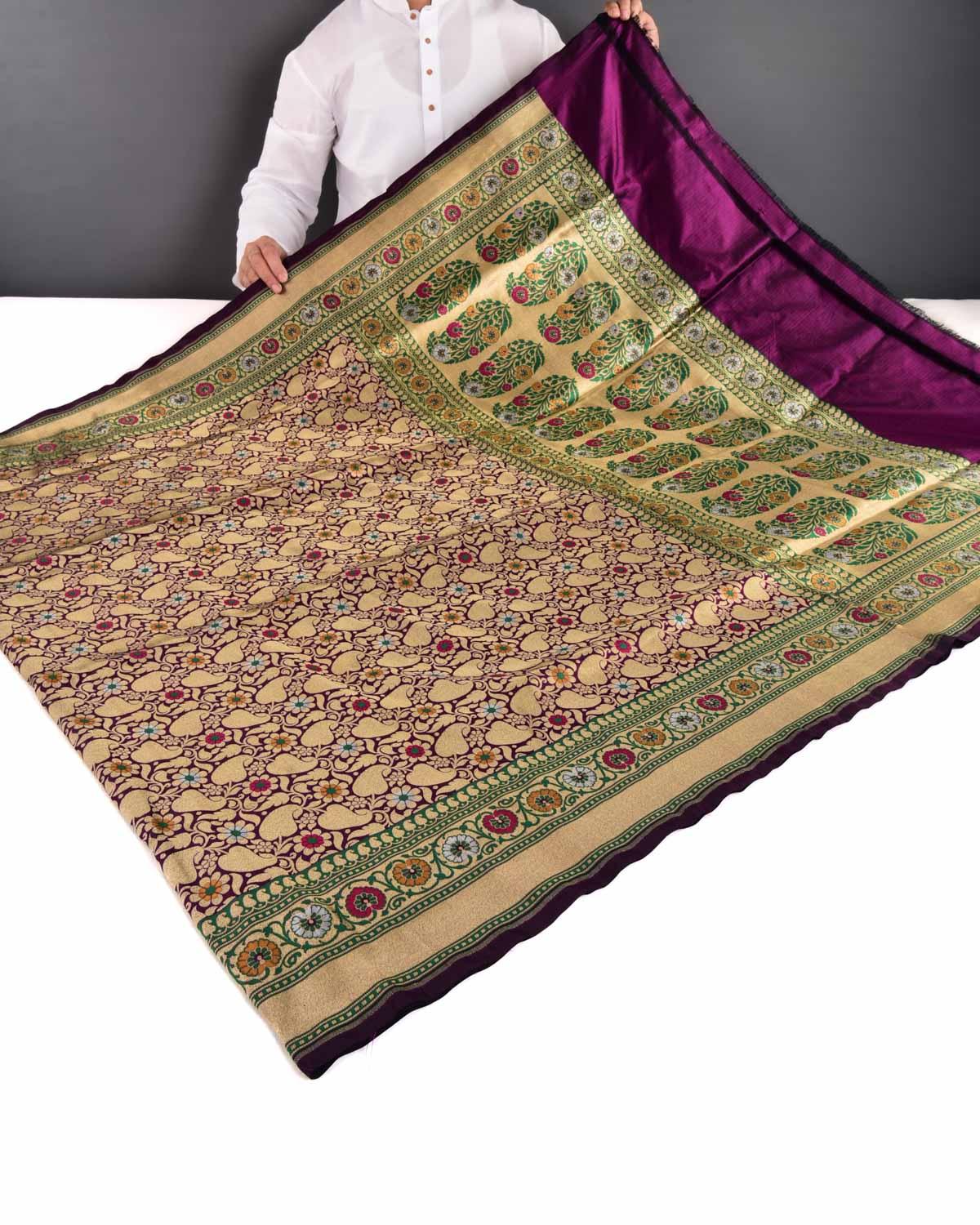 Purple Banarasi Gold Zari & Resham Cutwork Brocade Handwoven Katan Silk Saree - By HolyWeaves, Benares