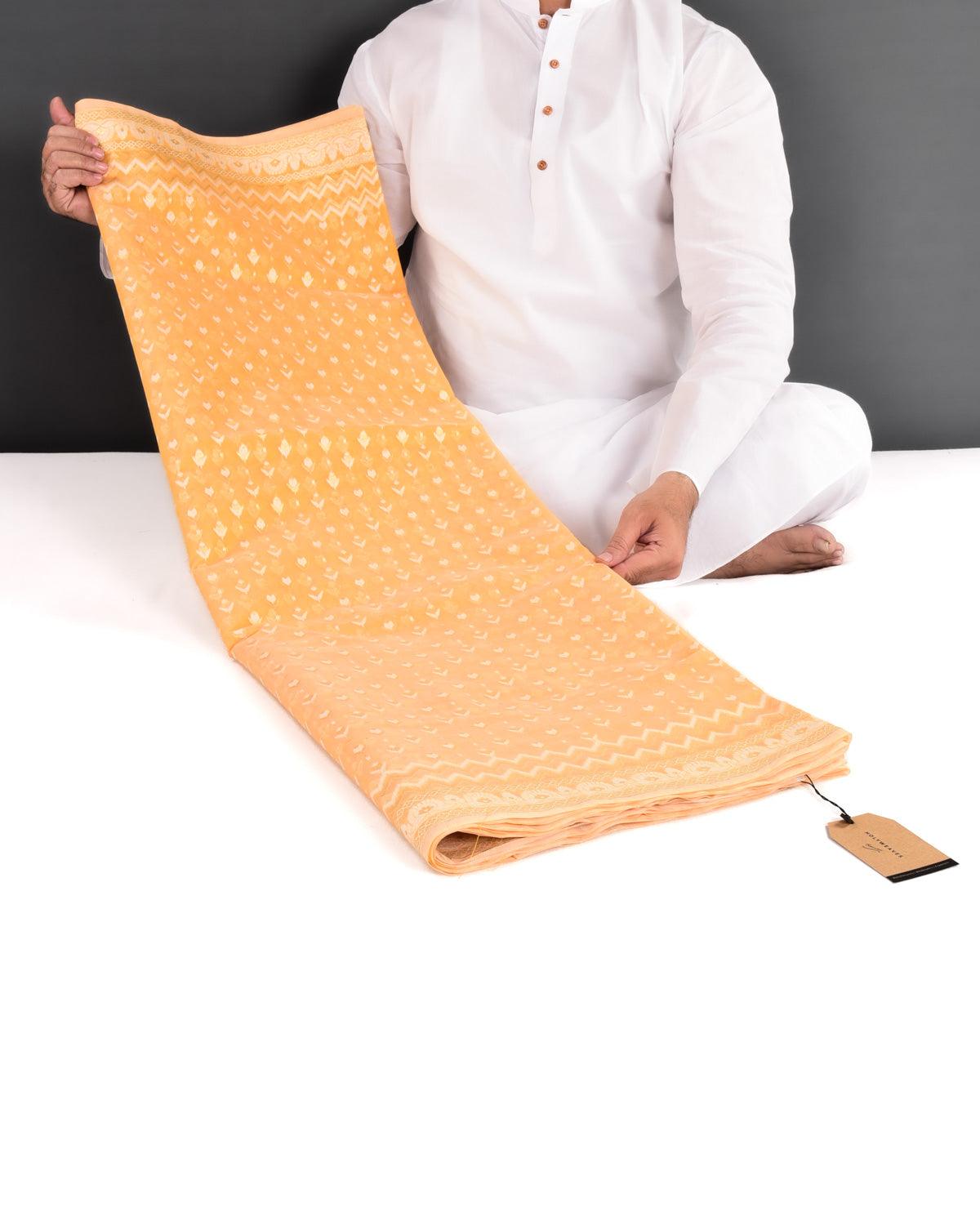 Orange Banarasi Gold Zari & White Resham Alfi Buti Cutwork Brocade Woven Art Cotton Silk Saree - By HolyWeaves, Benares