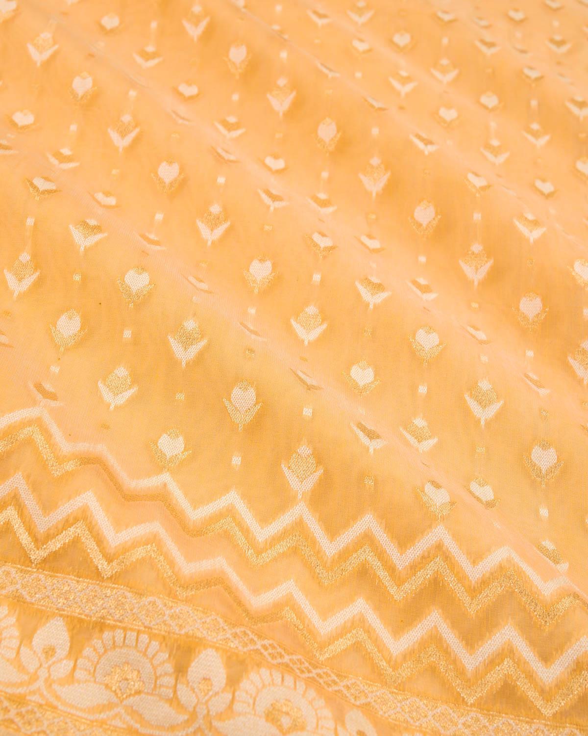 Orange Banarasi Gold Zari & White Resham Alfi Buti Cutwork Brocade Woven Art Cotton Silk Saree - By HolyWeaves, Benares
