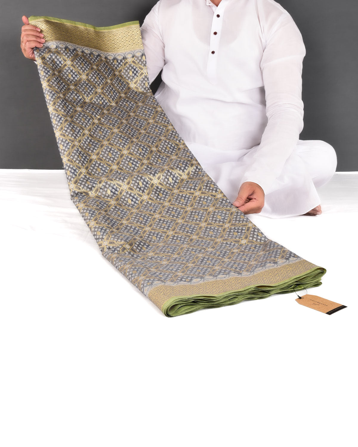 Deep Gray Banarasi Resham & Gold Zari Grids Cutwork Brocade Handwoven Cotton Silk Saree - By HolyWeaves, Benares