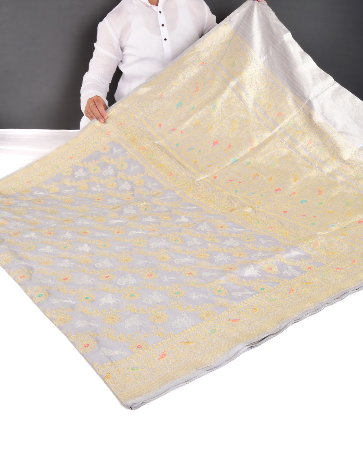 Gray Banarasi Rajaji Shikargah Kadhuan Brocade Handwoven Katan Silk Saree - By HolyWeaves, Benares